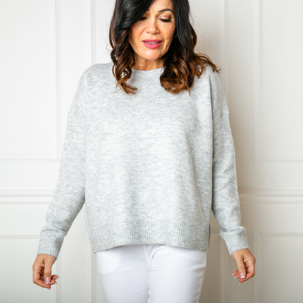 The Essentials Knitted Jumper in silver grey with ribbing detail around the neckline, cuffs and bottom hemline