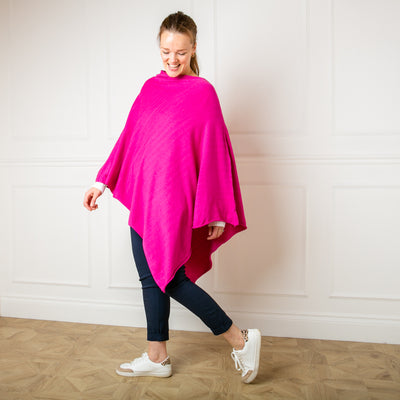 Tilley poncho in Fuchsia, super soft, high neck, waterfall shape, easy to wear, women's outerwear, women's ponchos